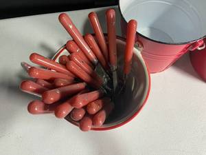 lot 267 image: Vintage Red and White Enamelware Buckets with Kitchen Knives