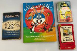 lot 52 image: Vintage Cartoon Books Including Dennis The Menace Books (Writing On Front)  1958 Peanuts (Writing On Front) & Thats All Folks