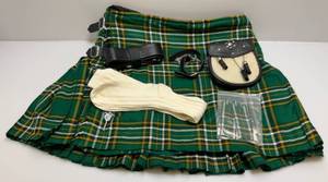 lot 70 image: Vintage Stillwater Kilts Irish  National Tartan Sz. 50, Kilt Belt, Sporan, Kilt Pin, Irish Kilt Hose Flash Irish Tartan