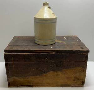 lot 83 image: Antique Wooden Crate & Pottery Jug (Broken Handle & Chips)