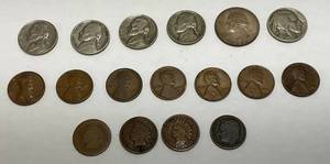 lot 208 image: Misc United States Cions Including Indian Head Pennies, Buffalo Nickel, 1964 Silver Quarter & More