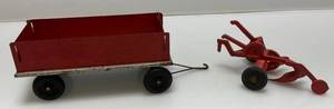 lot 149 image: Vintage Pressed Steel Tractor Cart & 1950s Silk Toys Plow