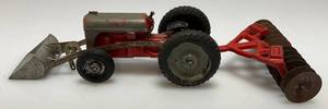 lot 150 image: Vintage Tootsie Toy Tractor (Steering Wheel & Hitch Broke)  & 1950s Silk Toys Disc Plow