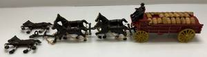 lot 169 image: Vintage Cast Iron 6 Horse Drawn Beer Wagon With 27 Barrels & Drivers 25 Long (Missing Pin For Two Front Horses)