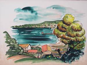 Framed 1950s watercolor Art  Renauld