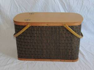 Vintage 1960s Picnic Basket group Includes vintage Westbend thermal ware and Vintage Simtex picnic blanket