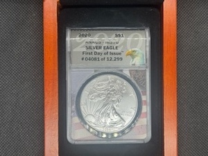 2020 American Silver Eagle, ANACS MS 70 1st Day in Wood Box