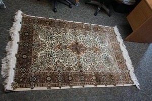 lot 2 image: Vintage 1980s Kazrouni Silk Carpet Rug Kashmir India...