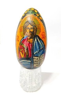 lot 34 image: Vintage Hand Painted Malevanki(Russian) Lacquer Wood Eggstra-Large 4.5-Inch Egg Intricately Decorated Religious Jesus Scene...