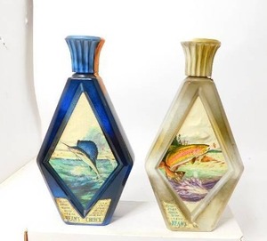 lot 43 image: Beams Choice Kentucky Straight Bourbon Whiskey Bottle Sailfish and Rainbow Trout Signed James Lockhart...