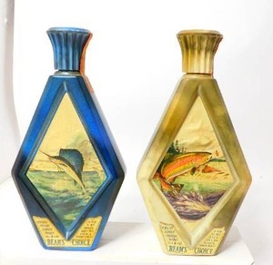 lot 45 image: Beams Choice Kentucky Straight Bourbon Whiskey Bottle Sailfish and Rainbow Trout Signed James Lockhart Decanter