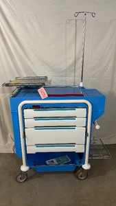 lot 24 image: WOW MSRP $3000 Metro Lifeline Emergency Medical Center Crash Cart Code Blue Cart - Great Condition Multiple Uses For This Heavy Duty 4 Drawer Locking Cart with Height Adjustable I.V. Pole and Item Tray