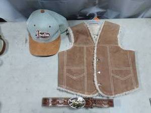Kid Size Leather Belt Size 22, Leather Vest & Cap