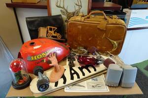 lot 251 image: Assorted Items -Vintage Suitcase, Speakers, Skateboards, Honda Gas Tank