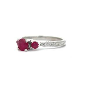 Three-Stone Ruby & Diamond Ring in 14k White Gold w Vintage Inspired Scroll Engraved Band Retail $1,710