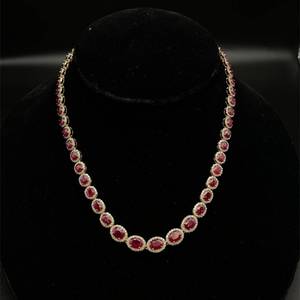 Designer Oscar Friedman 30.08 Carat RARE BURMESE RUBY & Natural Diamond Oval Halo Tennis Chain Necklace in 14k Yellow Gold w GIA Report Appraisal Value $71,253 (Appraisal Included)