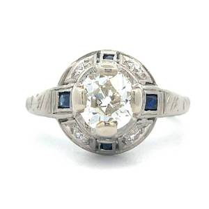 Old European Cut Natural Diamond & Baguette Sapphire Antique Ring in Platinum - Unique Carved Scrolling Design $7,150 Retail