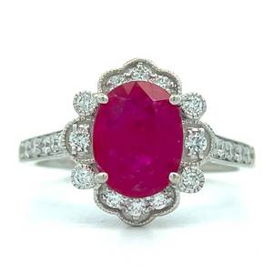 Oval Ruby & Natural Diamond Halo Flower Ring in 18k White Gold Appraisal Value $6490 (Appraisal Included)