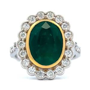Designer Oscar Friedman 5.11 Carat Oval Emerald & VS Clarity Natural Diamond Halo Ring in 18k Two-Tone Gold Appraisal Value $17260 (Appraisal Included)