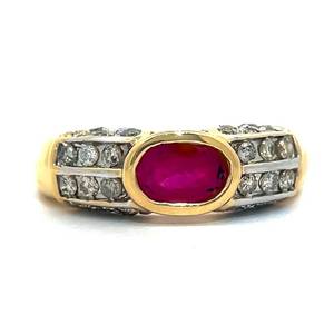 1.20 Carat Oval Ruby Bezel & Natural Diamond Multi-Row Channel East-West Ring in 14k Yellow Gold $2,880 Retail