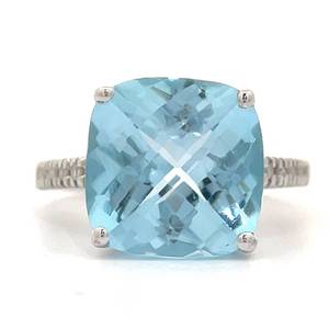 Blue Topaz Checkerboard Cushion Solitaire & Diamond Ring in 14k White Gold Retail $2,160