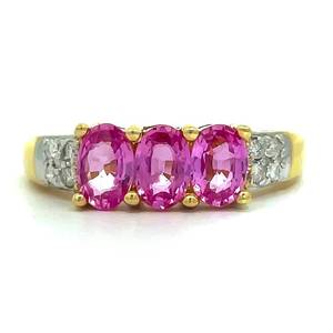 Three-Stone Oval Pink Topaz & Natural Diamond Ring in 14k Yellow Gold Retail $1,720