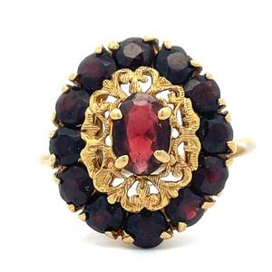 Oval & Round Red Garnet Cluster Flower Filigree Ring in 14k Yellow Gold Retail $1,575