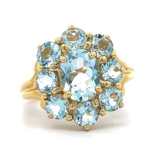 Aquamarine Large Blooming Flower Cluster Cocktail Statement Ring in Yellow Gold Retail $1,650