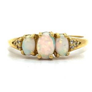 Three-Stone Oval White Opal & Diamond Split Shank Ring in Yellow Gold Retail $1,250