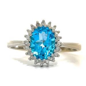 Stunning Blue Topaz & Diamond Oval Cluster Ring White Gold Retail $2,100