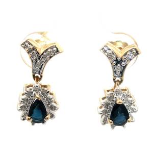 Pear Blue Sapphire & VS Clarity Natural Diamond Chevron Cluster Dangle Earrings in 14k Yellow Gold Retail $1,640