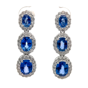7.36 Carat Designer Oscar Friedman Three-Stone Oval Blue Sapphire & F-Color Natural Diamond Halo Dangle Drop Earrings in 14k White Gold Appraisal Value $7,880 (Appraisal Included)