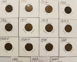 15 Semi Key Dates Wheat Back Pennies, 1910 - 1944