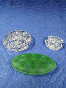 lot 35 image: 1 Vintage green satin glass and 2 clear glass flower frogs