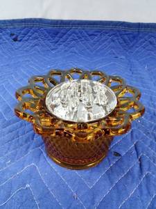 lot 38 image: Vintage Imperial amber glass vase with flower frog