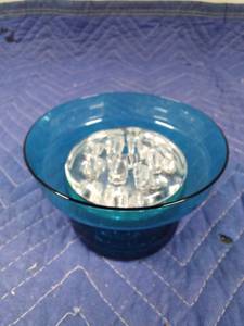 lot 39 image: Blue glass vase with glass flower frog