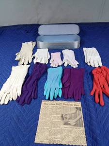 lot 52 image: Vintage box with 10 prs of vintage gloves and newspaper clipping on how gloves should be worn