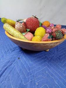 lot 53 image: Vintage wood bowl with sequin fruit