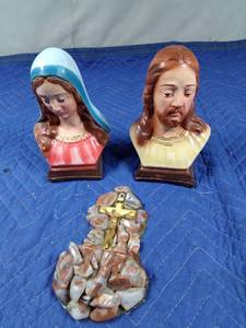 lot 65 image:  Mexico busts of Jesus and Mary and a holy water font