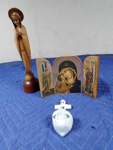 lot 67 image: ANRI carved wooden Mary musical statue, Gold Triptych wood 3 panel w icon pics on it and a holy water font