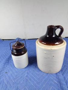 lot 77 image: Cream and brown stoneware jug and jar with lid patented Mar. 1, 1961