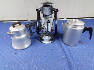 lot 118 image: Hand painted lantern lamp and 2 vintage aluminum drip coffee pots