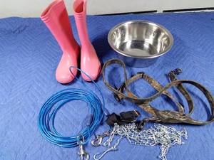 lot 166 image: Girls rubber boots, dog-dish, chain, cable, leash and collar