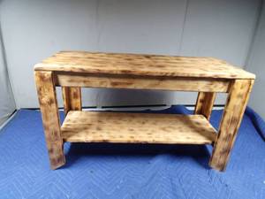 lot 368 image: Wood burned bench with shelf underneath