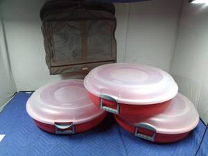 lot 385 image: 3 lg Plastic storage containers and dress bag