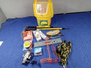 lot 404 image: 2 Polar gaffs, Shimano reel, fish line, rod holders and more
