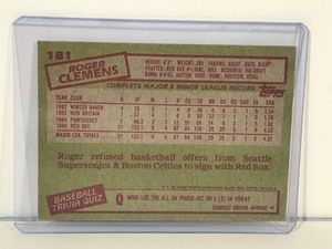 lot 281 image: 1985 Topps Roger Clemens Rookie Baseball Card #181