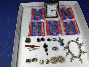 lot 407 image: Flat of Jewelry including silver ring, 1998 Olympic coins and Timex clock