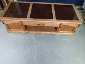 lot 5 image: Coffee table with drawer and cabinets and with glass inserts on top