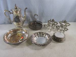 lot 124 image: (CS) Assorted Vintage Silverplated Pot, Trays, Coasters and Knife Holders